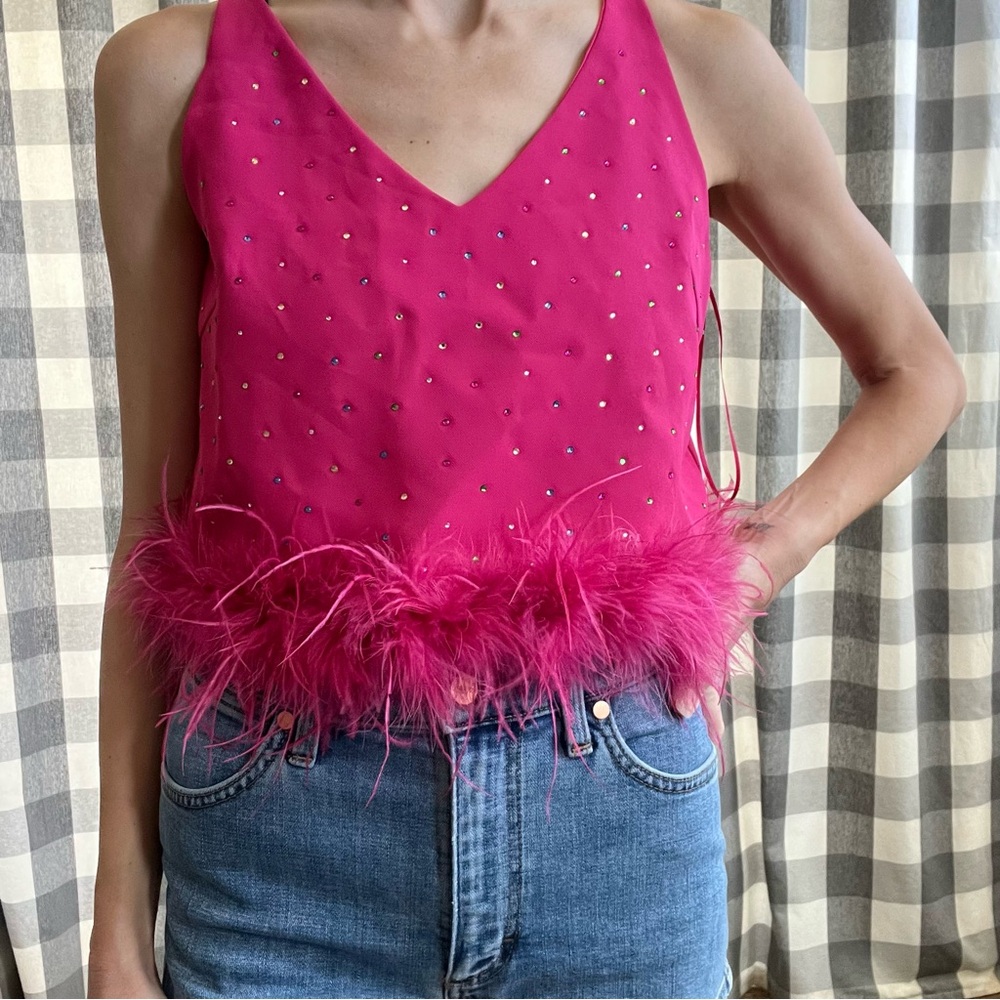 Pink Feather Trim V-Neck Top